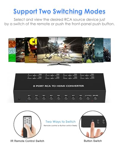 8 Port RCA to HDMI Converter, Dual AV to HDMI Converter Supports 16:9/4:3 Composite to HD MI Adapter Support 1080P PAL/NTSC Compatible with Sega/Xbox/PS1/PS2/PS3/WII/N64/VHS, VCRs, and DVD Players - size: 8 Port RCA to HDMI Converter
