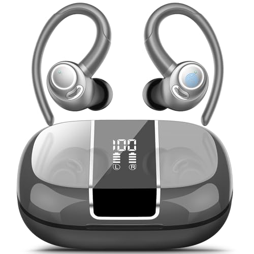 Wireless Sports Earbuds with Earhooks, 48H Deep Bass/ENC Mic Ear Bud Gray | Wireless Earphone with LED Display, Bluetooth 5.3 Headphones In Ear, IPX7 Waterproof Over Ear Buds for Running/Workout - color: Gray