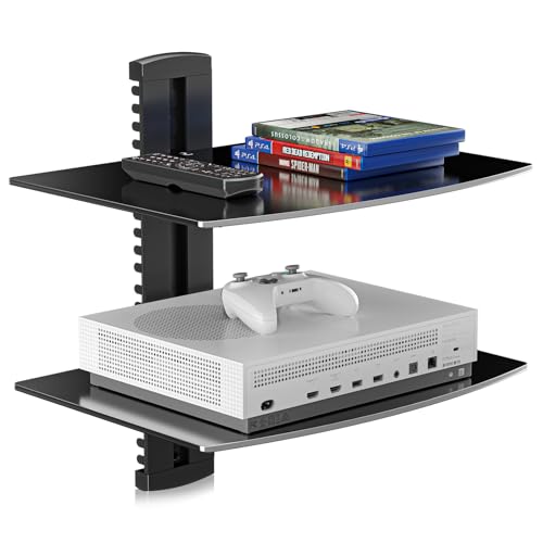suptek Speaker Mount, Floating Glass Shelf Wall Mount Bracket for DVD Players/Cable Boxes/Games Consoles/TV Accessories, 2 Shelves, Black CS202 - size: 2 Shelves
