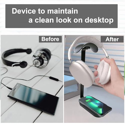 Headphone Stand with Wireless Charging, 15W Gaming Headset Holder for Desk, Aluminum Support Bar, Silicone Pad Headrest, Suitable for All Headphones