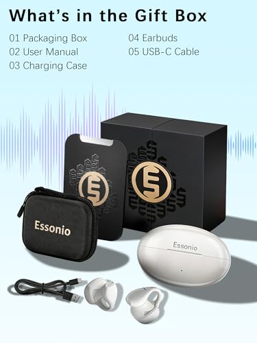Open Ear Earbuds ENC AI Air Conduction Headphones 68H Playtime, Stereo Sound, Touch Control, Premium Clip-On Open-Ear Earphones for Office & Daily Use, White - color: White