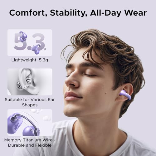 UGREEN HiTune S3 Open Ear Earbuds, Bluetooth 5.4, Clip on Earbuds, Purple | Lightweight, Comfort, Wireless Headphones ENC Clear Calls, 30H Playtime, IPX5 Waterproof, for Driving Running Workout Cycling - color: Purple