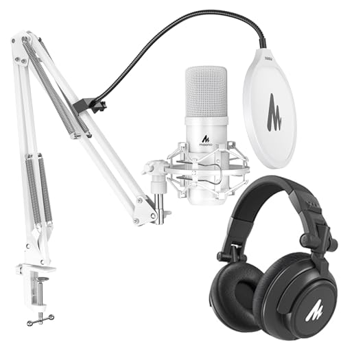 MAONO USB XLR Condenser Microphone with Headphones: PC Computer Podcast Cardioid Metal Mic Kit for Recording, Studio, Singing, YouTube (A04 Gen2 White+MH601)