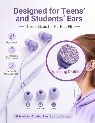 2-Pack Teens Wired Earbuds Set with Glitter Case, School Headphones | GOGOSINIS 2-pack Wired Student Earbuds with Glitter case, 3.5mm Headphones,Mini Carabiner Clip for School Backpacks - color: Diamond Pink-purple