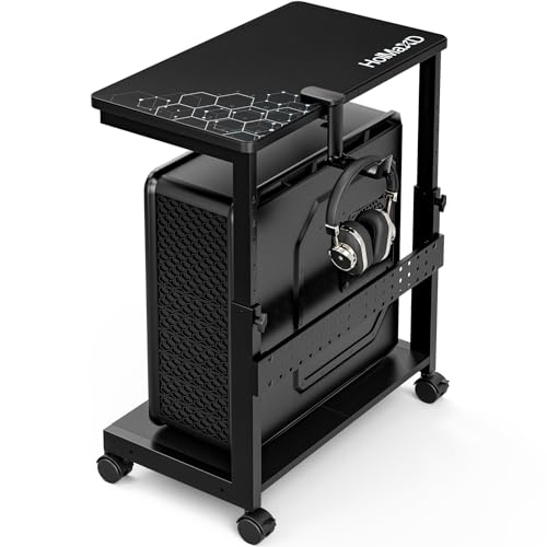 Height Adjustable Computer Tower Stand, 2-Tier ATX-Case CPU Holder with Mouse Pad & Headphone Stand, Mobile PC Standing Under Desk, Home Office Gaming Accessories, Computer Cart Wheels, Black - color: Black