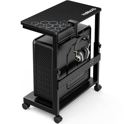 Height Adjustable Computer Tower Stand, 2-Tier ATX-Case CPU Holder with Mouse Pad & Headphone Stand, Mobile PC Standing Under Desk, Home Office Gaming Accessories, Computer Cart Wheels, Black - color: Black