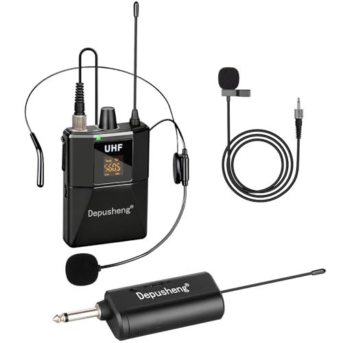Depusheng UHF Wireless Microphone Headset System -Wireless Headset Mic System, with Lavalier Lapel Mics,200ft Range, 1/8'' and 1/4'' Plug for Recording PA Speaker,Conference
