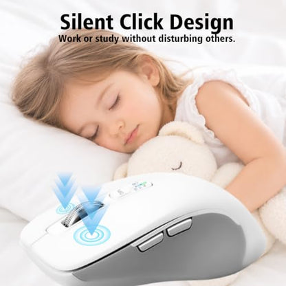 CITLLA Wireless Bluetooth Mouse (USB + BT1 + BT2), Full Size, 4-Way Scrolling, Multi-Device Silent Mouse for Computer, Laptop, iPad, MacBook (White) - color: White