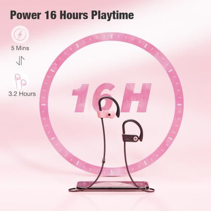 Boean Bluetooth Headphones, Wireless Earbuds with 16 Hours Bluetooth 5.3 Wireless Headphones HD Deep Bass Stereo IPX7 Waterproof Earphones for Sports Headset AI Music Generation - color: Pink