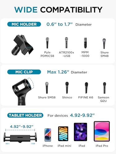 InnoGear Mic Stand Floor Microphone Stand Tablet Phone Holder for Singing | Tripod Base, Portable for Travel, Easy Height Adjustment, Stable Boom Arm, Broadly Compatible, Fit Tablets from 4.92"-9.92"