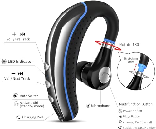 Bluetooth Headset V5.0 Wireless Bluetooth Earpiece with Noise Canceling Mic for Cell Phone Ultralight Business Earphone for Driving/Trucker/Office Earbus for Android/iPhone/Smartphone-Blue - color: Blue