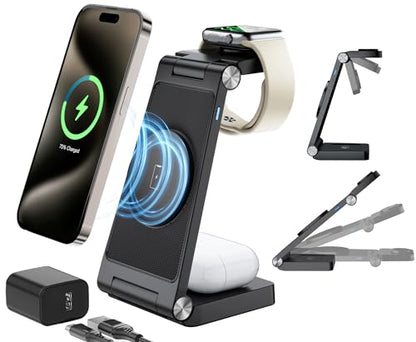 Magnetic Wireless Charging Station, 3 in 1 Fast Max Charging for iPhone 17 16 15 14 13 12 Pro Max Plus, Apple Watch, Air Pods Pro - Space-Saving Multi-Device Stand (Black)