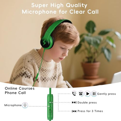 Candy Bila Wired Kids Headphones for School, Over-Ear for Boys Girls | Volume Limiter 85/94dB, HD Stereo Sound, Microphone and Wired Control,Foldable Design, Black and Green - color: Black and Green