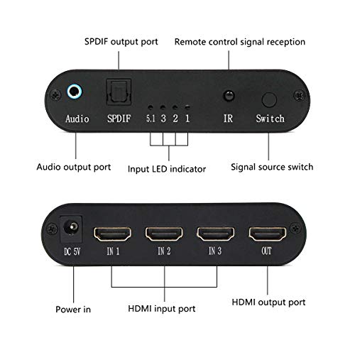 3x1 HDMI Audio Switch,3 in 1 Out Matrix HDMI Video Switcher Splitter +Optical & 3.5mm Audio Output,Support Ultra HD 4K x 2K,3D 1080P,Audio Extractor with Power Adapter