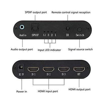 3x1 HDMI Audio Switch,3 in 1 Out Matrix HDMI Video Switcher Splitter +Optical & 3.5mm Audio Output,Support Ultra HD 4K x 2K,3D 1080P,Audio Extractor with Power Adapter