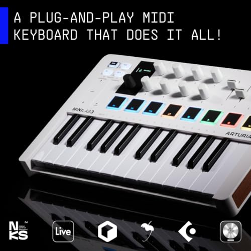 Arturia MiniLab 3-25 Key USB MIDI Keyboard Controller With 8 Multi-Color Drum Pads, 8 Knobs and Music Production Software Included, Rose Quartz | 8 Multi-Color Drum Pads, 8 Knobs and Music Production Software Included, Rose Quartz - color: Rose Quartz, si