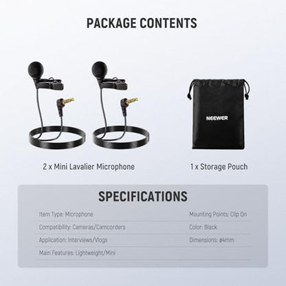 NEEWER LM8 ø4mm Mini Lavalier Microphone (2 Pack), Clip On Wired Condenser | Lapel Lav Mic Set, with 5ft/1.5m 3.5mm TRS Connector, Compatible with DJI Mic 2 Rode Wireless Go II CM28 CM31, and Camera