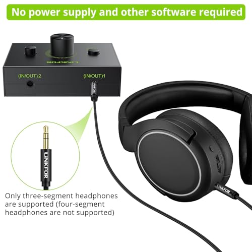 LiNKFOR 2 Port 3.5mm Stereo Audio Switch, 2 in 1 Out & 1 in 2 Out | Equipped with 3.5mm cable, built-in mute button, plug and play, works with laptop, PC, headphone and CD player - size: 2 Ports 3.5mm