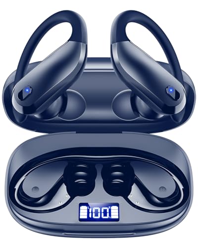 Wireless Earbuds Bluetooth 5.3 Sport Headphones with Earhooks,IPX7 Waterproof Earphones,48H Playtime Earbuds,Lightweight 7.8g,Noise Cancelling Mic Bluetooth Headphones for Running & Workout (Navy)