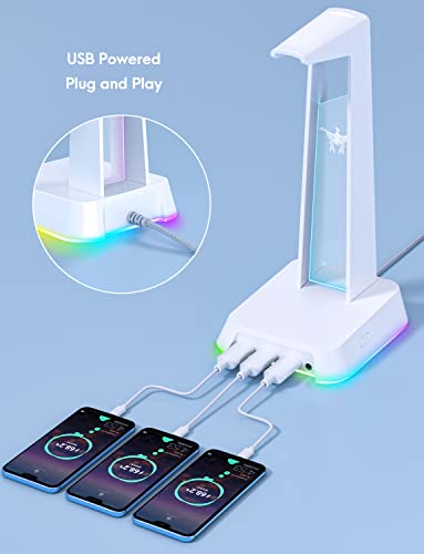 PHNIXGAM RGB Headphone Stand with 3.5mm AUX and 3 Port USB 2.0 Hub, White