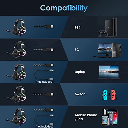 targeal 7.1 Surround Sound Gaming Headset for PS4 PS5 PC Laptop Tablet Mobile, Over Ear Wired USB Gaming Headphones with Omni-Directional Noise Canceling Mic, RGB LED Light (SKY-917 Without Cable) - style: SKY-917 Without Cable
