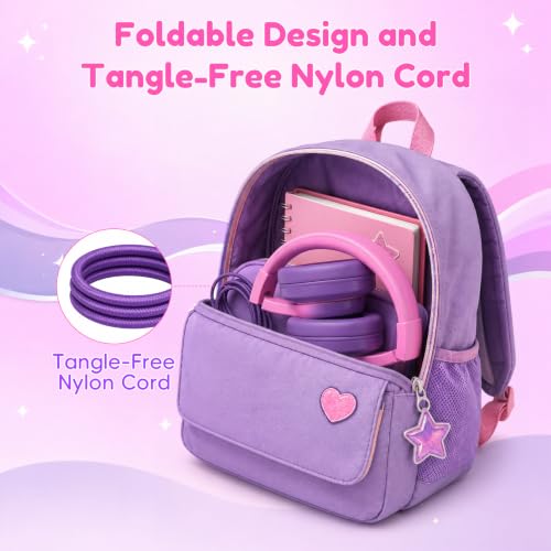 Candy Bila Wired Kids Headphones for School, Over-Ear for Boys Girls | Volume Limiter 85/94dB, HD Stereo Sound, Microphone and Wired Control,Foldable Design, Deep Purple and Pink - color: Deep Purple and Pink