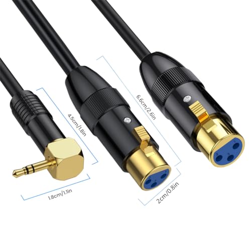 90Deg 3.5mm Mini Jack Stereo Male to 2 XLR Female Microphone Connector 0.5m | Right Angle XLR to 3.5mm Y Splitter Cable, 1/8 inch TRS to Dual XLR Female Cord for Laptop, Camera, Sound, DV - size: 50 cm