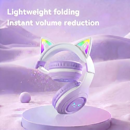 Cat-Ear Wireless Headphones Bluetooth 5.3 Over the Ear Headphones with RGB Light Built-in Mic Foldable Fashionable Stereo Headset Support TF Card for Gaming Travel PC Phone iPad（Dreamy Purple） - color: Dreamy Purple
