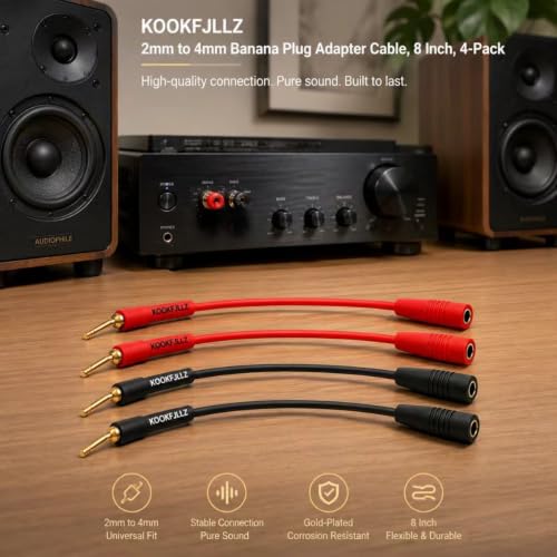 2mm Pin Plug to 4mm Female Banana Jack Adapter, 13AWG OFC Gold Plated Speaker Wire Connector for Spring Loaded Terminals Amplifier Home Theater, 8 Inch (4-Pack)