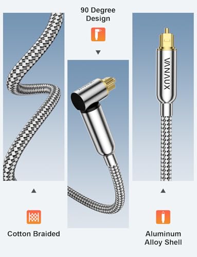 VANAUX 90-Degree Optical Audio Cable 10FT,Premium Fiber Optic Toslink Cable(24K Gold-Plated Connectors,Aluminum Alloy Shell,Braided Jacket)Ideal for Tight Spaces,Home Theater,Soundbars,Gaming Consoles - size: 10FT, style: 90 Degree Toslink to Toslink