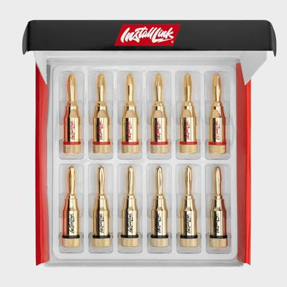 Install Link Banana Plugs for Speaker Wire (12 Pack) Gold-Plated, Red/Black | 14/16/18 AWG (Gauge), Expanding Pins into 4mm Binding Posts, 6 Red + 6 Black, for Home Theater Amps & Receivers
