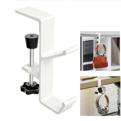 Desk Mount Headphone Hook Bag Holder Hook Clamp,Headphone Hanger and Backpack Hanger with Double Hooks,Universal Aluminum Alloy Gaming Headphone Stand Under Desk (White) - color: White