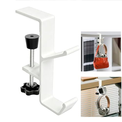 Desk Mount Headphone Hook Bag Holder Hook Clamp,Headphone Hanger and Backpack Hanger with Double Hooks,Universal Aluminum Alloy Gaming Headphone Stand Under Desk (White) - color: White