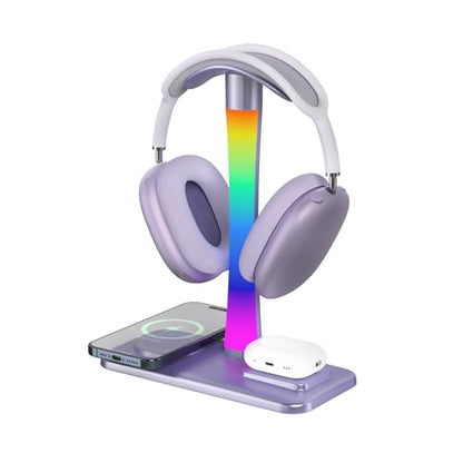 Headphone Stand with Wireless Charger,Gaming Headset stand with RGB Light,For Airpod Max Stand Compatible with Airpod Pro/3/2,For iPhone 17/16/15/14/13/12/11,Gifts for Gamers & Music Lover (Purple) - color: Purple