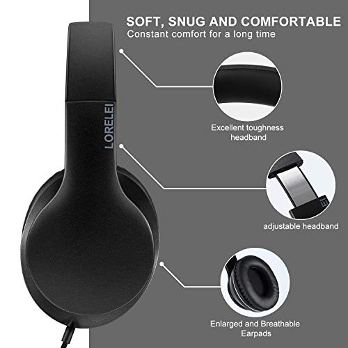 LORELEI X6 Over-Ear Wired Stereo Bass Headphones with Microphone, Lightweight, Foldable & Portable with 1.45M No-Tangle for Smartphone, Tablet, MP3/4, Space Black - color: Space Black