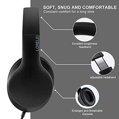 LORELEI X6 Over-Ear Wired Stereo Bass Headphones with Microphone, Lightweight, Foldable & Portable with 1.45M No-Tangle for Smartphone, Tablet, MP3/4, Space Black - color: Space Black