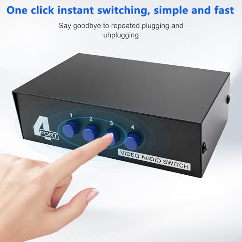 MEIRIYFA 4 Way AV RCA Switcher Splitter 4 in 1 Out 4 Port AV RCA Switch | 4-in-1 Composite Video L/R Audio Switcher Selector Box for DVD Player, Game Consoles TV Monitor Projector