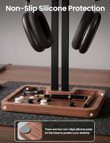 LOXP Wooden Headphone Holder, Solid Stand with Non-Slip and Storage Base | Anti-Rust Gravity Arm, Hardwood Earphone Hanger for Desk, Universal Fit for Gaming Headsets, Studio Headphones