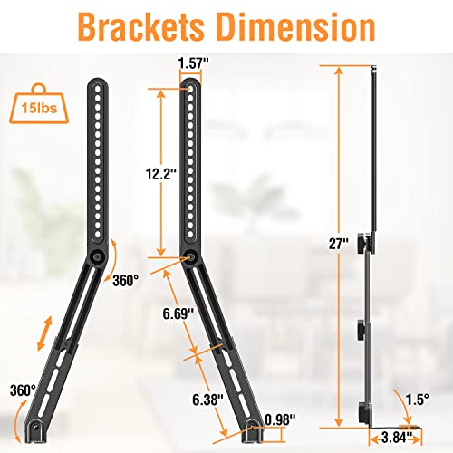 ELIVED Soundbar Mount Under or Above TV, Tool-Free Height Adjustable | Universal Sound Bar TV Bracket, with Detachable Long Extension Plates and L-Brackets, Holds Up to 15 lbs