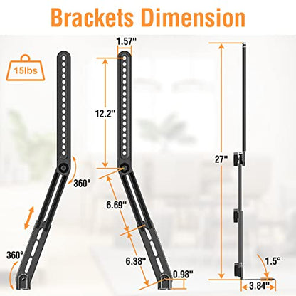ELIVED Soundbar Mount Under or Above TV, Tool-Free Height Adjustable | Universal Sound Bar TV Bracket, with Detachable Long Extension Plates and L-Brackets, Holds Up to 15 lbs