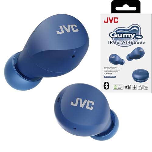 JVC Compact and Lightweight Gumy Mini True Wireless Earbuds Headphones, Long Battery Life (up to 23 Hours), Sound with Neodymium Magnet Driver, Water Resistance (IPX4) - HAA6TA (Blue) - color: Blue, size: Compact