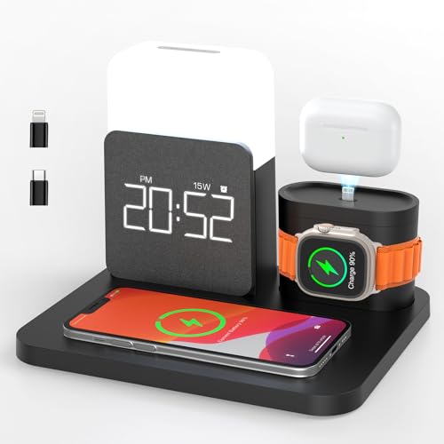 7 in 1 Charging Station for iPhone, Wireless Charging Station, Alarm Clock, Night Light, Wireless Charger for iPhone 17 16 15 14 13 12 Pro Max & Apple Watch - Charging Stand Dock for AirPods(Black) - color: Black