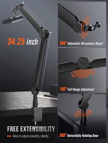 FIFINE BM66 Heavy Metal Microphone Boom Arm Stand for Podcast Recording | Mic Arm Stand,Desk Clamp, Cable Channels, 3/8" to 5/8" Threads, for Podcast, Vocal Recording, Gaming - size: BM66 Black (Without Extension Tube)