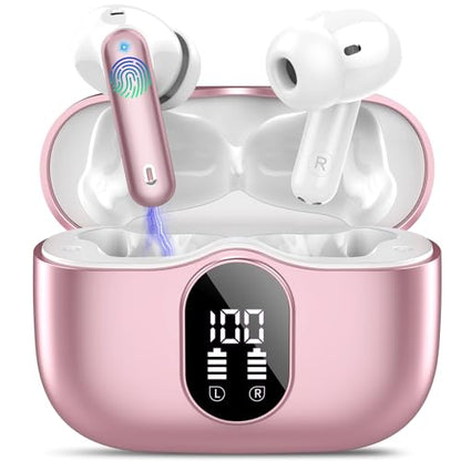 Wireless Earbuds Bluetooth 5.3 Headphones Bass Stereo Ear Buds with Noise Cancelling Mic LED Display in Ear Earphones IP7 Waterproof 36H Playtime for Laptop Pad Phones Sports Workout Pink Gold | Ear Buds with Noise Cancelling Mic LED Display, 36H, IP7 Wat