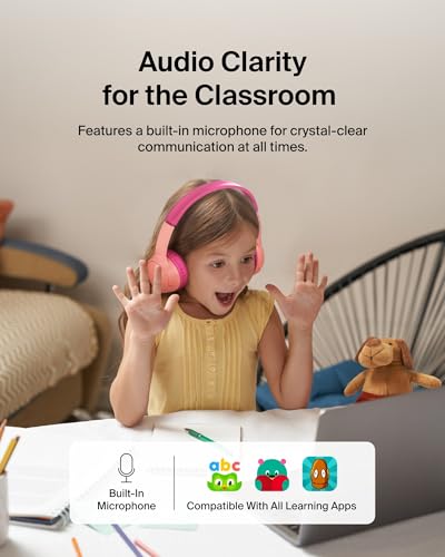 Belkin SoundForm Mini Bluetooth Kids Headphones with Case, 30H Battery Life | Toddler headphones, carrying case included, 85dB volume limiter, built-in mic, iPad, Android tablet, school - color: Pink, style: Wireless (USB-C) + Case