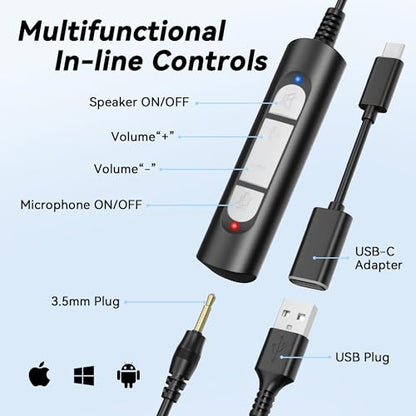 Wantek USB Headset with Microphone for PC, On-Ear Computer Laptop Headphones with Noise Cancelling Mic, Mute, Volume Control for Work, Teams, Zoom, Online Meetings, Home Office (USB+USB-C+3.5mm) - color: Black