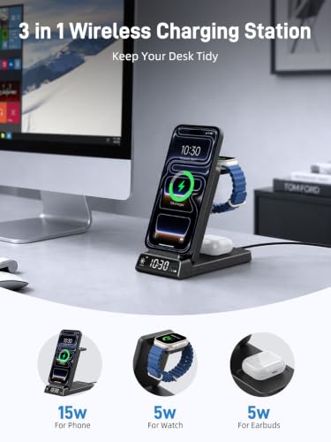 3 in 1 Charging Station for Apple, Travel Wireless Charger with Clock | ELECDOV Magnetic Charger for iPhone, Foldable Watch Charger Stand for iPhone 17/Air/16/15 Series, iWatch 10/AirPods 4 - color: Carbon Fiber