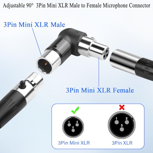 QIANRENON Adjustable 90° Angle Mini XLR Microphone Adapter Gold Plated 3Pin Mini XLR Male to Female Right Angle Connector Extender, for Lapel-Mounted Wireless Mic Camcorder
