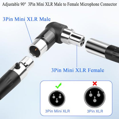 QIANRENON Adjustable 90° Angle Mini XLR Microphone Adapter Gold Plated 3Pin Mini XLR Male to Female Right Angle Connector Extender, for Lapel-Mounted Wireless Mic Camcorder