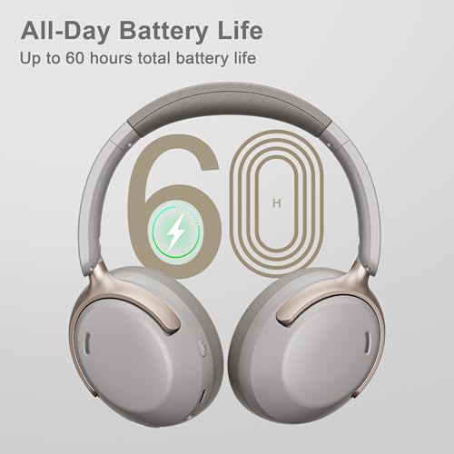 LORELEI QC30 Hybrid Active Noise Cancelling Headphones, 60H Playtime, Built-in Mic, Wireless Over Ear Headsets with Case,Bluetooth 5.4,Deep Bass Comfort Fit Soft-Earpads Fast Charging -Dunes Grey - color: Dunes Grey